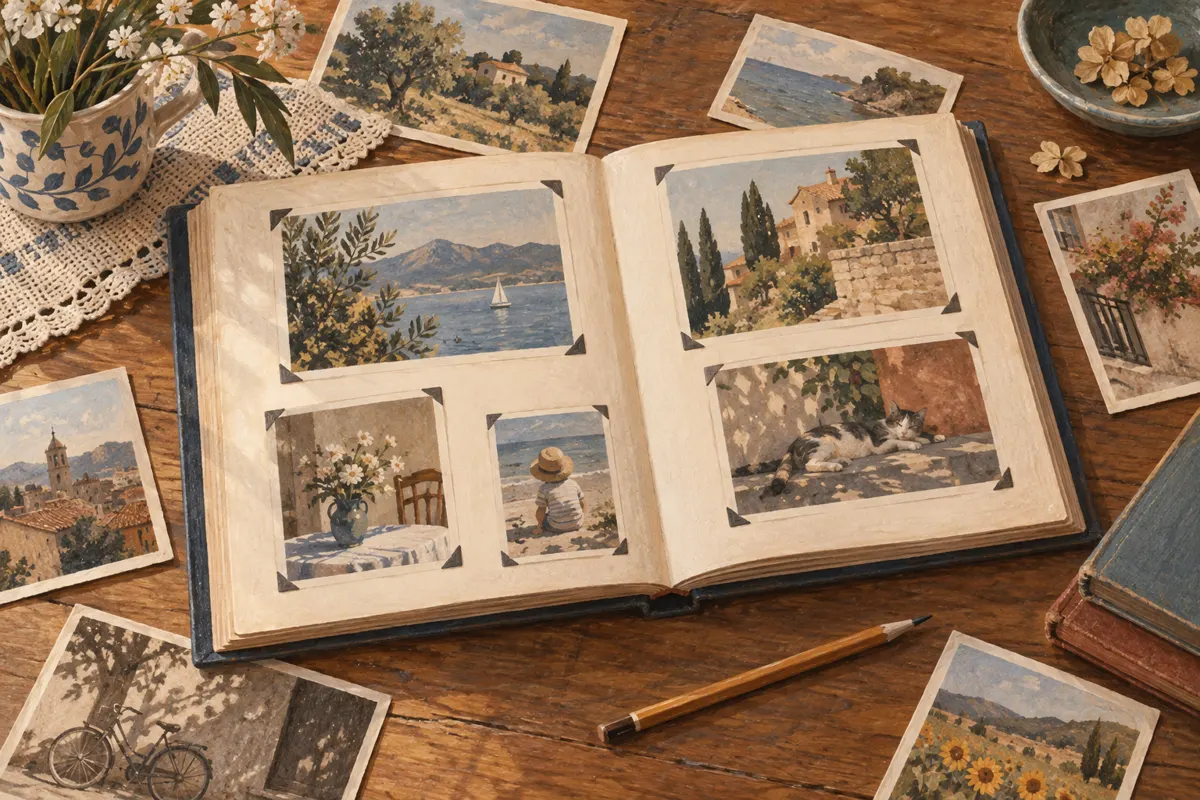 Ilustracja otwartego rodzinnego albumu z luźnymi fotografiami i ołówkiem na stole.