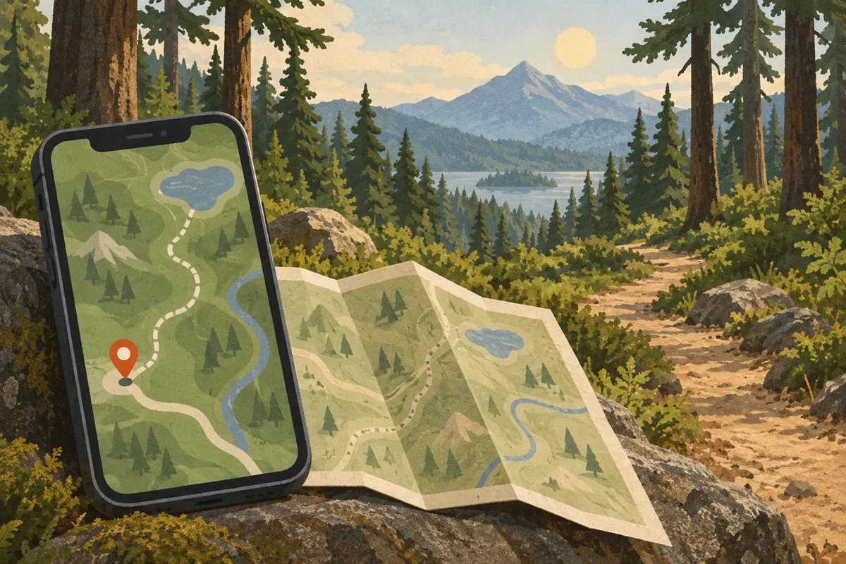 Ilustracja telefonu z mapą obok papierowej mapy na tle leśnej ścieżki